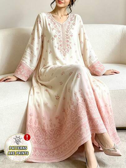 SHEIN Najma Ditsy Floral V-Neck Long Sleeve Maxi Dress, Elegant Floral Gradient Maxi Dress, Spring/Summer Fashion