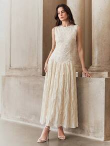 Anewsta Spring & Summer New High-Quality Standard Size Women's Dress, Elegant Sleeveless Embroidered Pleated Cinched Waist Asymmetrical Midi Vacation Style - Apricot - View 4