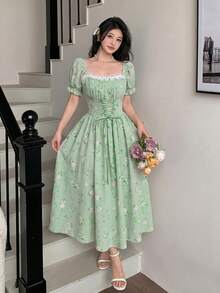 SHEIN PETITE Đầm màu hồng lãng mạn phối hoa, cổ áo xếp nếp, tay áo cánh hoa, thắt eo, kiểu Pháp thanh lịch, thích hợp cho kỳ nghỉ. - màu xanh lá - Xem 7