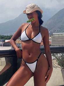 Bonvoyette Women's Summer Beach Contrast Color Halter Tie Sexy Bikini Swimwear Set - Black and White - View 4