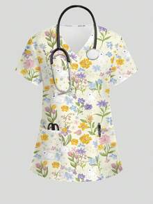 PopScrub Áo scrub điều dưỡng nữ họa tiết hoa tulip, hoa dừa cạn và thỏ hoạt hình, cổ chữ V, tay ngắn, có túi và xẻ tà hai bên, kiểu dáng dễ thương - Nhiều màu - Xem 2