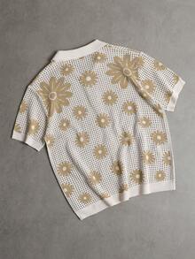 VENTUSAIL Men's Floral Pattern Short Sleeve Single-Breasted Hollow-Out Knit Top, Holiday - Apricot - View 2