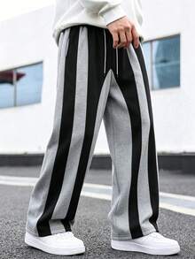 Manfinity Hypemode Pantalones de chándal casuales y holgados con cintura con cordón y bolsillos, de color contrastante - Gris - Ver 3
