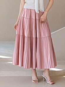 DAZY Chân váy xòe xếp ly cạp cao bằng vải chiffon màu tím dành cho nữ, kiểu dáng đa năng cho mùa xuân và mùa hè. - Hồng - Xem 5
