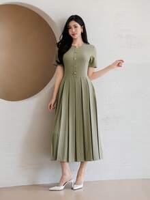 DAZY Đầm dài ngang gối xếp ly thanh lịch, kiểu dáng thường ngày dành cho nữ, thích hợp cho mùa xuân và mùa hè. - màu xanh lá - Xem 6