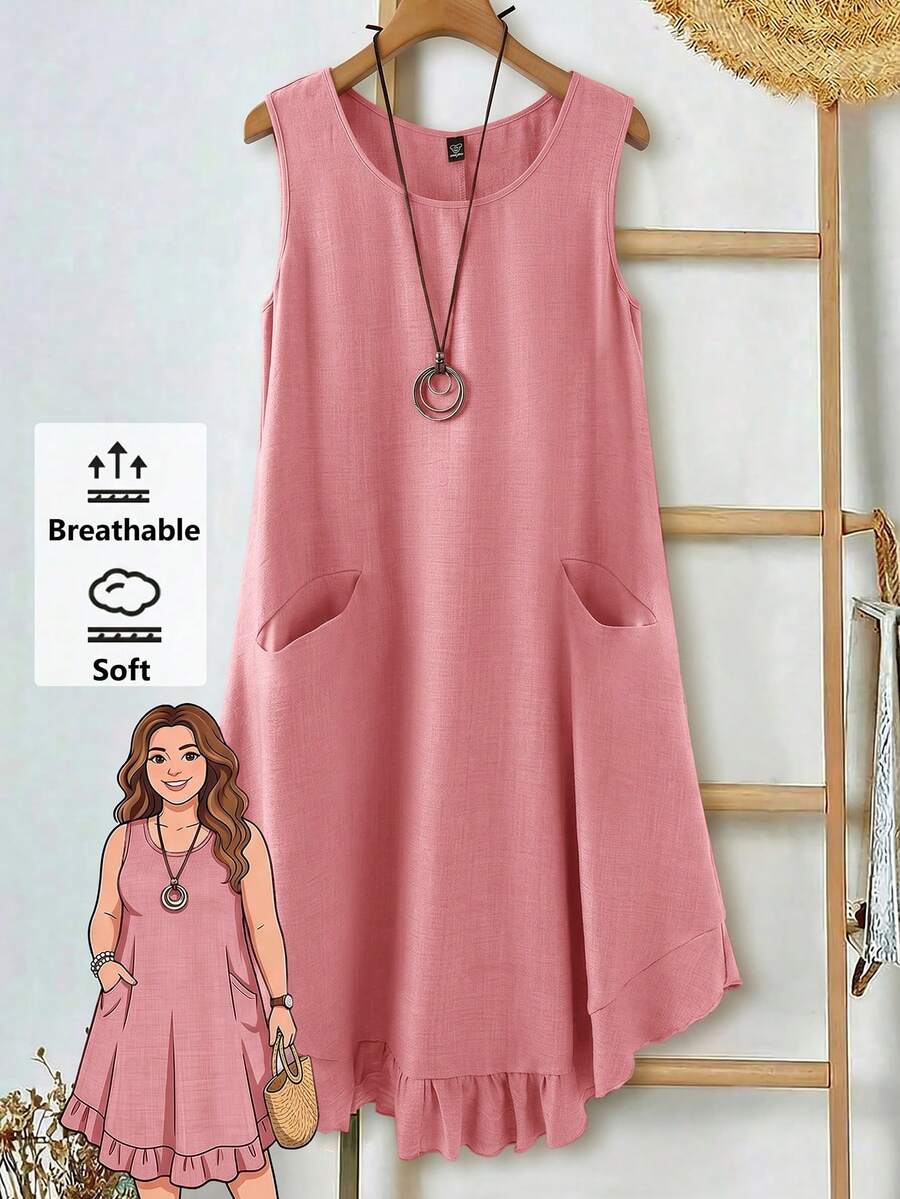 Rusticease Vestido casual de verano de talla grande, unicolor, cuello redondo, bolsillo, sin mangas - Rosa - Ver 1