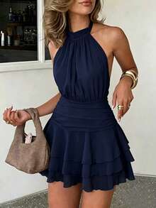 PariChic Vestido elegante y romántico de mujer con cuello halter, cintura ajustada, volantes plisados en color albaricoque y blanco, vestido corto, nuevo vestido de primavera/verano, vestido para cita de San Valentín, vestido casual de vacaciones, vestido romántico de gasa transparente, vestido corto con volantes multicapa sin mangas de primavera/verano - Azul marino - Ver 5