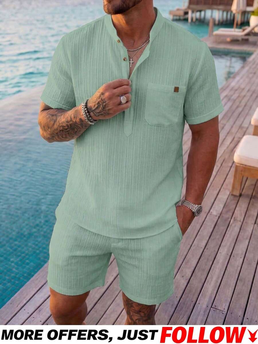 Genlund Men's Solid Color Casual Versatile Daily Wear Short Sleeve Shirt, Holiday - Mint Green - View 1
