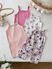 SHEIN LMoss Kids 4件套女婴针织纯色和碎花吊带连体衣套装 - 彩色 - 查看 3