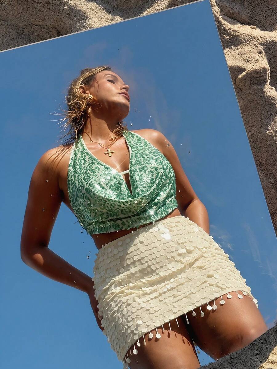 SHEIN BAE Plus Size Women's Semi-Sheer Beach Vacation Crochet Beaded Skirt - White - View 1