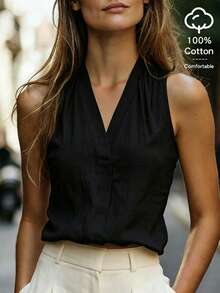 EMERY ROSE Women's Summer Sleeveless V-Neck Cotton Pleated Tank Top, Commuter Versatile Slimming Style, Suitable For Daily Outings, Vacation, Beach Casual Wear - Black - View 1