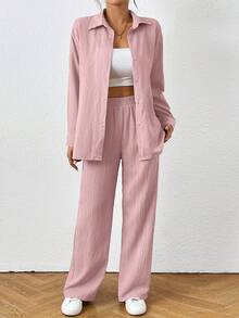 SHEIN PETITE Setelan Wanita 2 Potong: Atasan Lengan Panjang Kancing Depan Warna Polos dan Celana Pinggang Elastis, untuk Wanita Bertubuh Mungil - Baby Pink - View 3