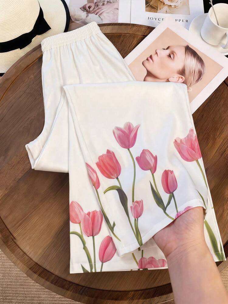 Middle-Aged & Elderly Women Elastic Waist Lily Flower Pattern Casual Straight Leg Pants,Summer Pants For Women,Festival Outfits For Women,Mother's Day ,Elegant Pants For Women,Floral Pants Flower Pants Loose Trousers For Women Tulip Print Pants Wide Leg Pants,Summer Pants,Festival Outfits For Women,Going Out Pants,,Floral Pants For Women