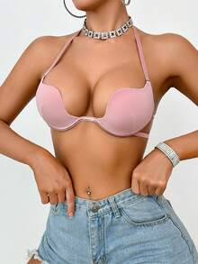 SHEIN 1件装女士露背挂脖无钢圈文胸 - 粉色 - 查看 4