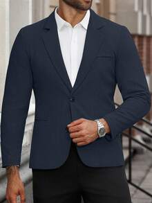 Manfinity Mode Men's Plus Size Single-Breasted Business Casual Blazer, Ceremony, Formal - Navy Blue - View 5
