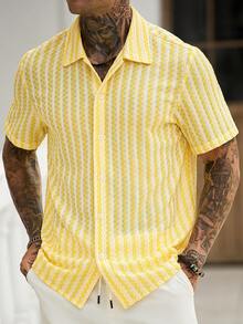 Manfinity CasualCool Men's All-Over Print Front Button Summer Short Sleeve Shirt, Knitted Mature Casual Fashionable Versatile - Yellow - View 3