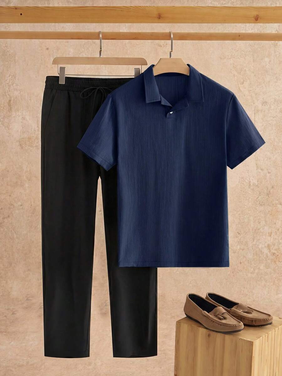 Manfinity VCAY Men's Casual Short Sleeve Polo Shirt And Drawstring Waist Long Pants Set,Suitable For Spring,Summer And Autumn,Daily Wear And Commuting Outfits