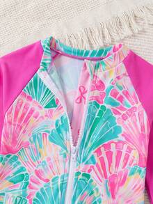 SHEIN Young Girl Shell Print Long Sleeve One-Piece Swimsuit - Multicolor - View 5