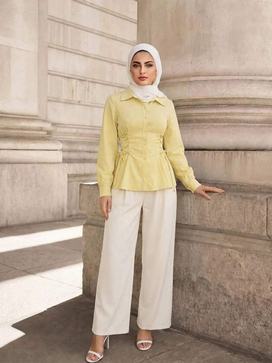 Graceveil Women's Casual Drawstring Tie Solid Color Shirt, Minimalist Versatile For Daily Commute, Spring/Autumn - Yellow - View 1
