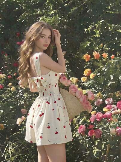 SHEIN MOD 女士夏季度假风樱桃印花褶皱胸腰连体裤