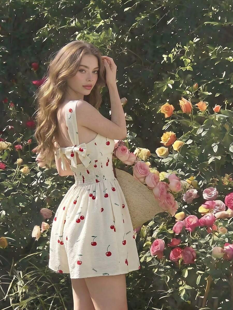 SHEIN MOD Bộ jumpsuit nữ kiểu dáng nghỉ hè, in hình quả anh đào, xếp ly ở ngực và eo. - Nhiều màu - Xem 1