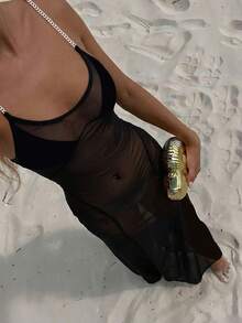 Swim SXY Swim Chic Sea 女士夏季纯色网纱金属链拼接吊带露背修身鱼骨剪裁性感优雅轻盈黑色美人鱼吊带裙，适合海滩度假、春夏、海滩派对、假日泳池派对、海滩装扮 - 黑色 - 查看 3