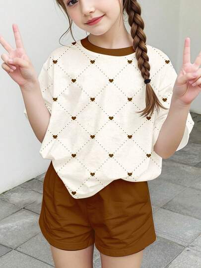少女复古校园风爱心格纹印花休闲宽松短袖T恤短裤两件套，返校季