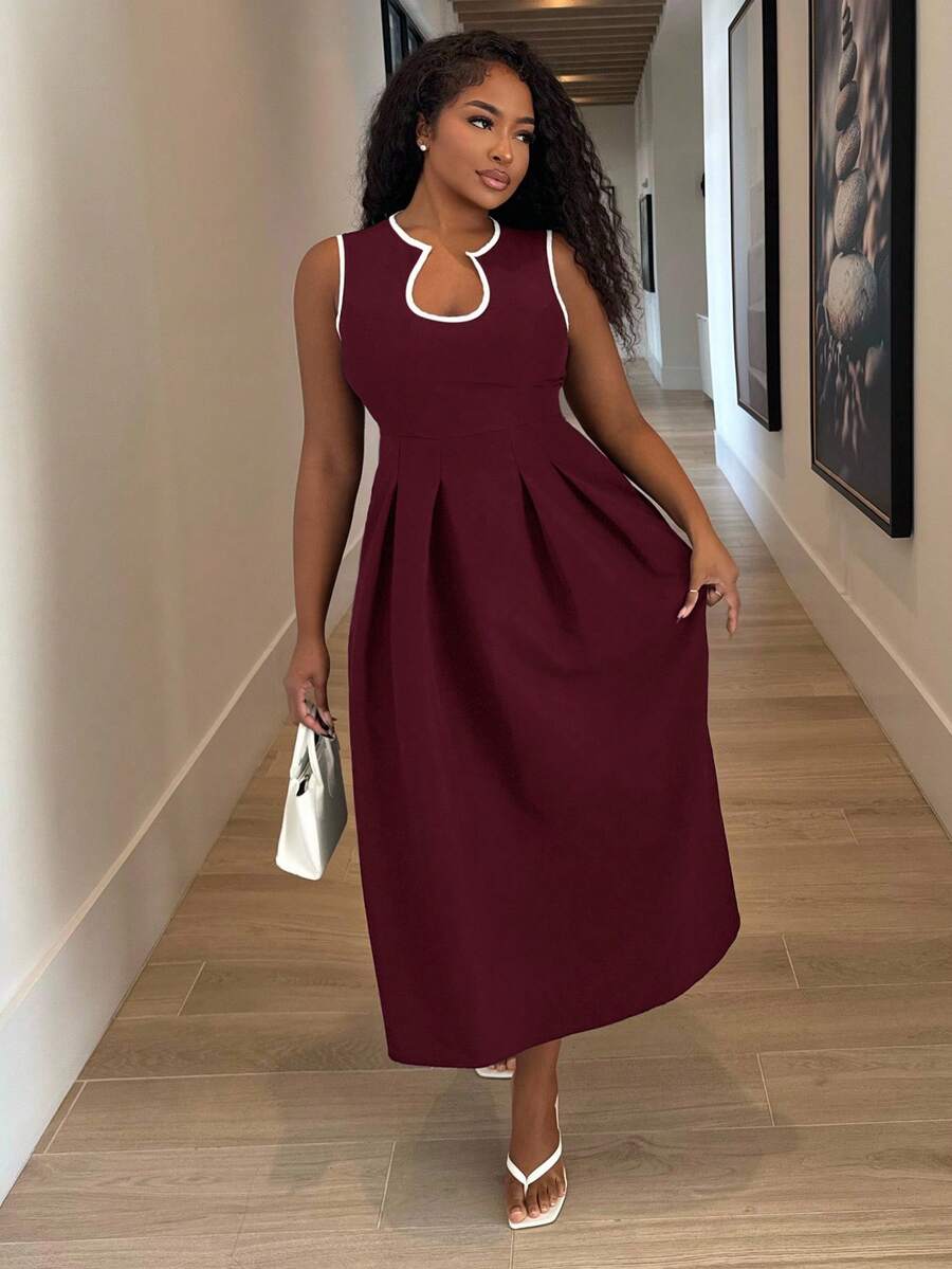 Alexandranx Solid Color U-Neck Waist A-Hem Dress, Contrasting Trim Dress, Elegant Women's Dress, Women's Office/Commuting Wear,Summer Dresses For Women - Burgundy - View 1