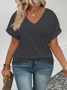 EMERY ROSE Women's Casual V-Neck Turnover Cuff Short Sleeve All-Match Versatile Plus Size T-Shirt, Spring/Summer - Dark Grey - View 6