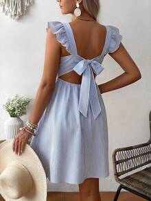 SHEIN Vestido casual de maternidad con cuello cuadrado, estampado de rayas y volantes en el bajo - Azul - Ver 2