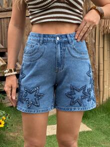 Breezaya Quần short denim bó sát thời trang rách rưới, thêu hình ngôi sao dành cho nữ. - Màu xanh lam - Xem 3
