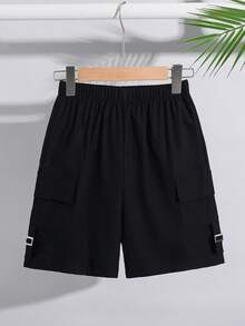 SHEIN 1件兒童/青少年男孩休閒舒適寬鬆純黑色梭織短褲，附口袋，適合夏季度假出遊、返校、婚禮、派對、運動 - 黑色 - 查看 3