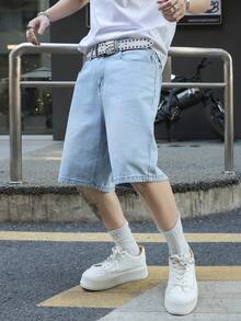 Manfinity EMRG 大尺碼男士淺藍色刺繡牛仔短褲，寬鬆版型街頭風冒險夏季休閒度假款 - 淺色水洗藍 - 查看 6