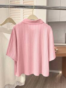 Lacomfia Kaos Wanita Ukuran Besar Minimalis Serbaguna dengan Kerah Jacquard Bertekstur Lengan Pendek Berukuran Plus - Berwarna merah muda - View 2