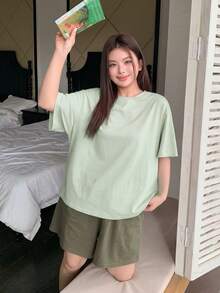 Dazy Plus 2pcs Casual Lounge Wear Set, Loose Short Sleeve Top And Elastic Waist Shorts, Spring/Summer Plus Size Women Pajamas - Mint Green - View 4