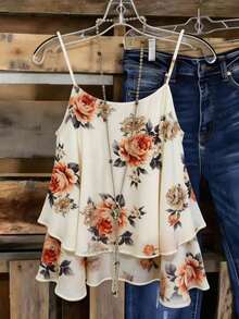 Linhara Blusa de verano elegante con estampado floral y cuello halter para mujer de talla grande - Albaricoque - Ver 1