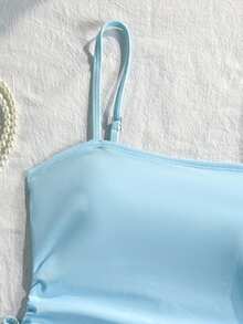 SHEIN Conjunto de Traje de Baño de 2 Piezas para Adolescente con Top Tankini Fruncido de unicolor y Braguita Tankini Triangular, Adecuado para Vacaciones de Verano y Playa - Azul - Ver 7