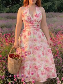 SHEIN MOD Robe mi-longue à col ras-du-cou avec lien à la taille, imprimé tout-sur-tout, pour femmes grandes tailles. Robe d'été, de festival, d'invitée de mariage, de remise de diplôme, de cérémonie, de bal de promo, d'anniversaire, de garden party. Robe décontractée avec imprimé floral vibrant, col ras-du-cou, taille évasée. Robe fleurie rose, robe de soirée pour femmes, robe de garden party, robe d'été - Multicolore - Voir 9