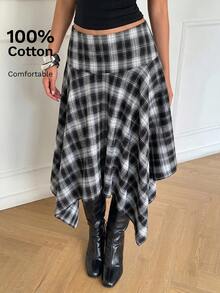 SHEIN Tall CURVE Plus Size Summer Casual Plaid Asymmetric Hem Skirt - Black and White - View 3