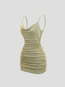 SHEIN PETITE 女款橄欖綠夏季70年代夜店派對深V領露背抓皺迷你緊身洋裝，Y2K法式時尚細肩帶長裙，適合嬌小女性 - 綠色 - 查看 3