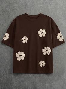 SWAVVY Men's Pattern Print Solid Color Short Sleeve T-Shirt And Shorts - Coffee Brown - View 2