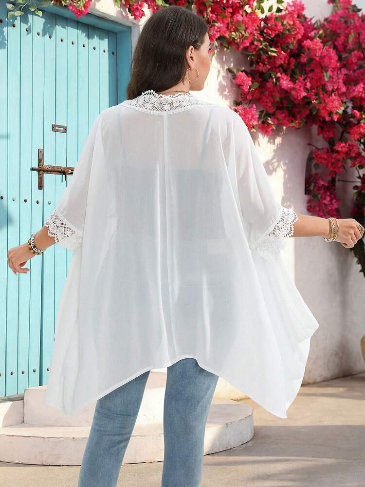 Plus Size Women's Spring Casual Vacation Solid Pink Lace Patchwork Kimono Thin Jacket
