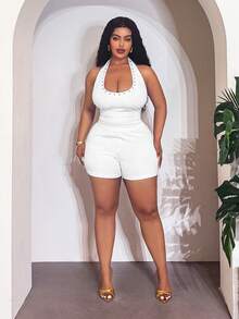 Veslaya Plus Size Women's Metal Rivet Decor Stretchy Soft Fabric Halter Top And Fitted Shorts Set, Spring/Summer Vacation White Sexy - White - View 7