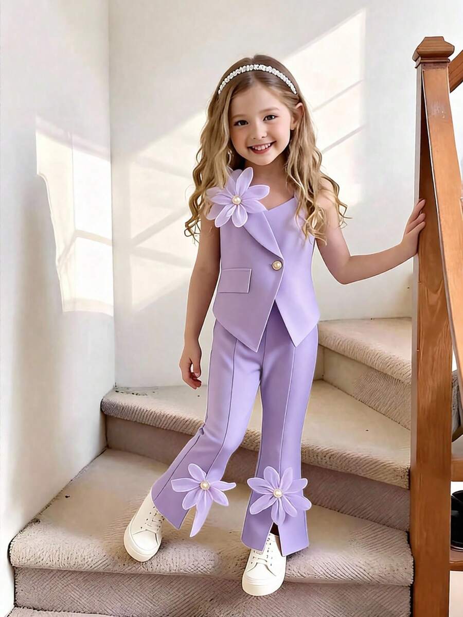 Elladie kids 少女夏季新款无袖上衣搭配不对称下摆喇叭裤套装,休闲蝴蝶结装饰,清新杏色时尚服饰 - 淡紫色 - 查看 1