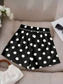 SHEIN Clasi Shorts Casuais Femininos com Bolso e Estampa de Bolinhas - Preto e Branco - Visão 6