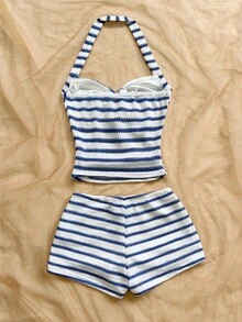 Soleia Women's Blue And White Stripe Halter Top And Shorts Casual Coastal 2 Pieces Set, Summer Outfits For Women Beach - Blue and White - View 2