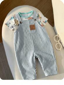 Newborn Baby Boy Cute Casual Versatile Striped Strap Romper - Black and White - View 6
