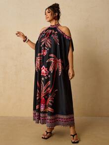 Vestido de verano casual con estampado floral y hombros descubiertos para mujer de talla grande - Negro - Ver 7