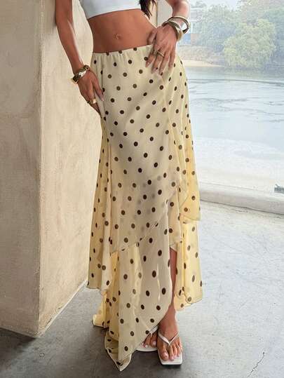 Aloruh Women's Elegant Sweet Brown Polka Dot Print Low Waist Multi-Layer Cake Skirt, Romantic Asymmetrical Hem Umbrella Skirt, Summer