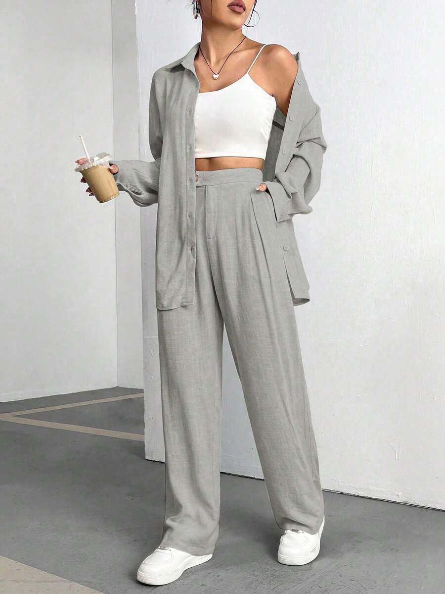 Flirla Ladies' Solid Color Drop Shoulder Long Sleeve Shirt And Pants Two-Piece Set - Grey - View 1